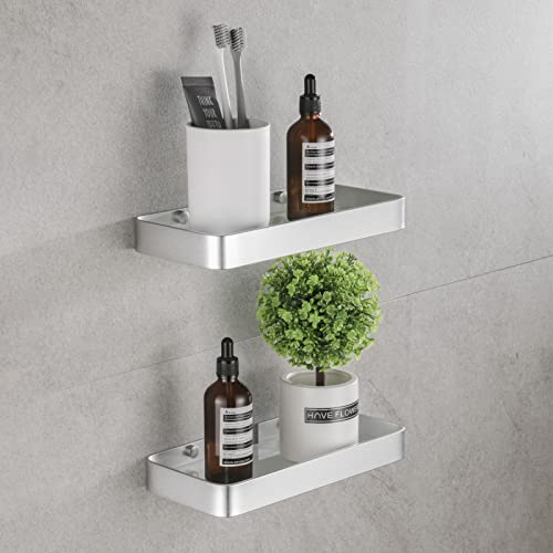 HANFU Estanteria Baño, Estante Ducha Sin Taladro de Estanteria Ducha Aluminio y Bandeja Rectangular de Vidrio, Ducha Cesta Autoadhesivo Montado Pared Organizador Estantería Baño 25cm 2 Piezas, Plata