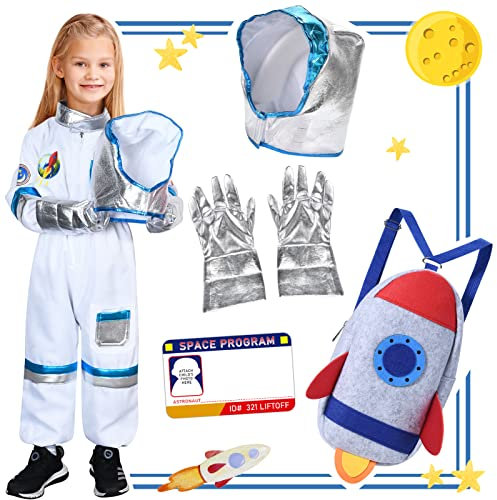 vamei Astronaut Kostüm Kinder mit Weltraum Astronauten Overall Uniform Helm Handschuhe Raketen Rucksack Halloween Karneval Kostüm für Mädchen Jungen (L, 7-9 Jahre)