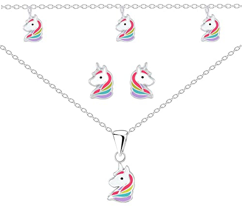 FRIEDA + PAUL Einhorn Regenbogen Mädchen Halskette Anhänger Ohrstecker Ohrringe Armband 5-tlg. Set 925 Sterling Silber anlaufgeschützt Schmuckbox