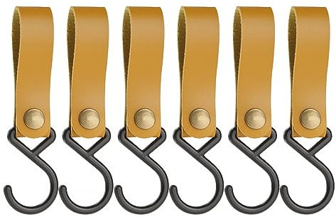DONGKER S Haken Mit Lederschlaufe, 6 Stück PU Leder Schlaufe mit S-Kleiderhaken, Metall-S-förmige Haken zum Aufhängen, Campinghaken, Kinderwagen-Haken für Mantel, Handtuch, Küche, Badezimmer