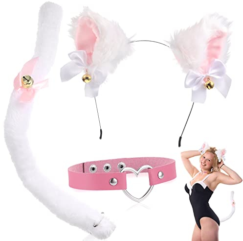 wlertcop 3-teiliges rosa Katzenohren-Set, Stirnband, Halskette, Haarband, Halsband, Cosplay-Set für Frauen und Mädchen, weiß