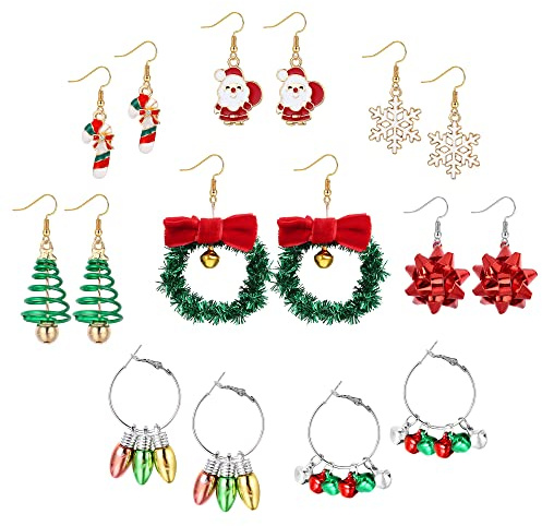 ORAZIO 8 Paare Weihnachten Ohrringe für Frauen Weihnachten Schneeflocke Glocken Weihnachtsbaum Kranz Glühbirne Bow Drop Dangle Ohrringe Haken Thanksgiving Urlaub Ohrringe Set