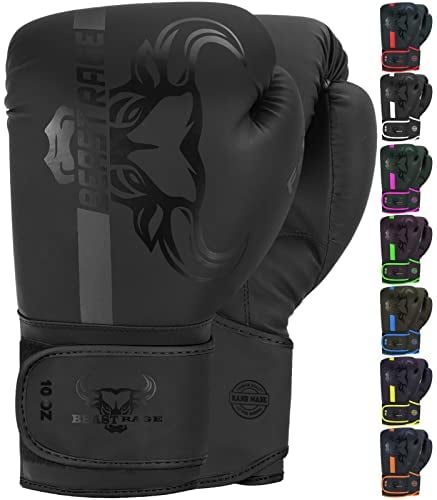 BEAST RAGE Guantoni da boxe Muay Thai, kickboxing, MMA, sacco da combattimento, allenamento, allenamento per uomini e donne, guanti da fitness imbottiti (Nero, 12 oz)
