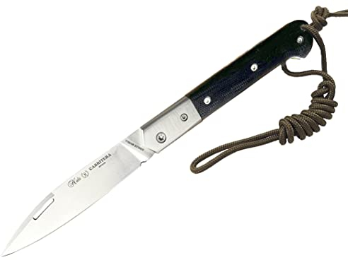 MIGUEL NIETO - Navaja Cabritera, hoja en acero inoxidable Böhler N695co de 9 cm. y empuñadura en Acero Inoxidable y G10, con separadores de acero, Hueco con cordón fiador incluido