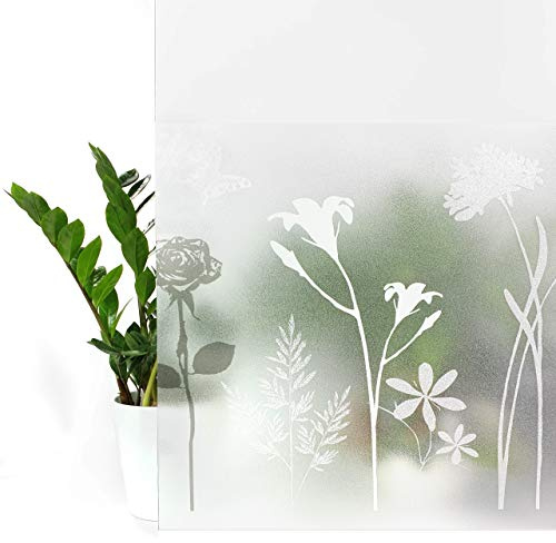 Fensterfolie statisch 45x200 cm | Sichtschutzfolie Fenster Milchglasfolie statisch haftend | Folie Fenster für Bad und Büro - Tageslicht genießen, Sichtschutz erhalten | Blumen