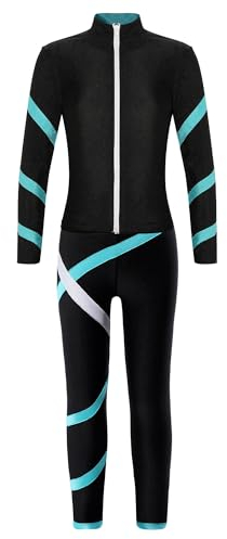 Alvivi Mädchen Trainingsanzug Sportanzug Eiskunstlauf Anzug Langarm Sweatjacke Sweatshirt + Streifen Hose Leggings Eislaufen Tanz Yoga Sport Set Blau Grün 146-152