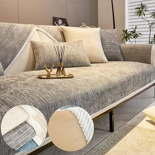 Chenille Sofa Covers, Simple Striped Chenille Anti-Scratch Couch Cover, Non Slip Sofa Covers for Dogs, Washable Furniture Protector Couch Cover for All Season (Light Gray,70*180 cm/27.6*70.9 in)
