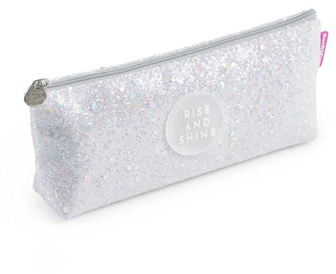 Back2Fun - Trousse triangulaire brillante, Étui un compartiment, Taille 200 x 80 x 35 mm, Trousse à paillettes, Tirette en métal, Fermeture éclair, Papeterie mignonne, Design blanc
