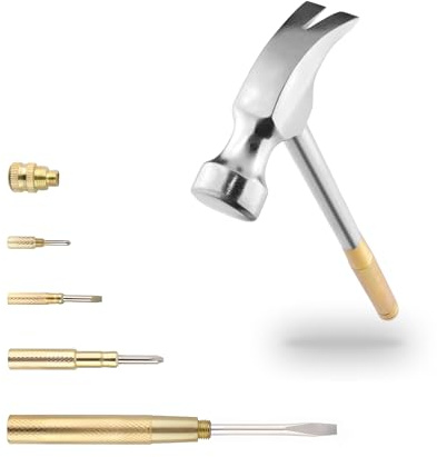 Small Metal Hammer 6 in 1 with Slotted/Flat Head Phillips Screwdriver Claw Hammer Manual, Portable Multifunction Tool Hammer (Gold Silver)