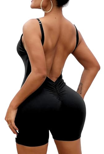 TZLDN Damen Rückenfrei Romper Workout Jumpsuits Shorts Sexy Backless Gym Bodycon Scrunch Butt Yoga Bodycon One Piece Full Body Suit Stretch Elegant Open Back - Schwarz XS