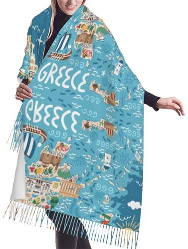 ESASAM Schal mit Griechenland-Karten-Druck, Kaschmir, warmer Fransenschal, Volldruck, ultraweich, modisch lang, Unisex-Schal für alle Jahreszeiten, Griechenland-Karte, Einheitsgröße