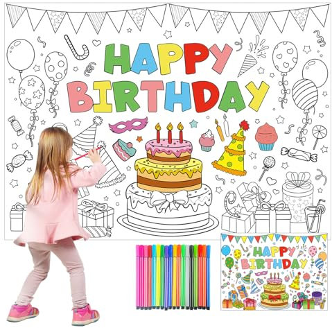 1 Stück Ausmaltischdecke Kinder Ausmaltischdecke Einschulung Maltischdecke für Kinder Happy Birthday Deko Ausmal-Tischdecke Happy Birthday Poster zum Ausmalen mal Tischdecke mit 18 PCS Aquarellstifte