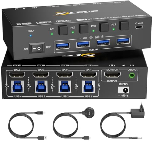 KVM Switch HDMI 4 Ports 8K@60Hz, KVM Switch 4 PC 1 Monitore 4K@144Hz für 4 PC Teilen 1 Monitors und 4 USB3.0-Geräte.Support Audio output und EDID Simulation,mit DC12V-Netzadapter und 4 USB 3.0-Kabel