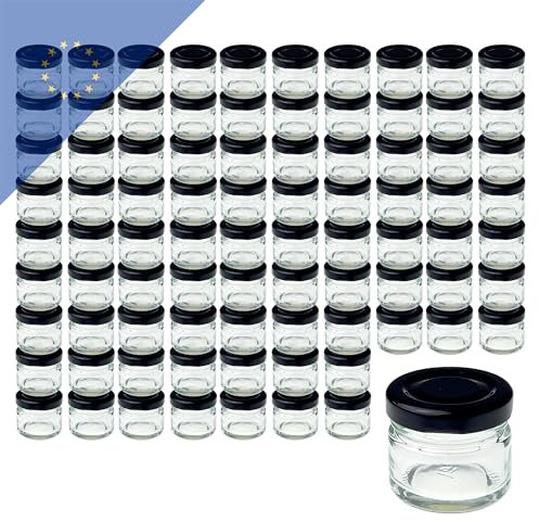 100x Einmachgläser 22ml mit TO43 schwarz – Hochwertiges Glas für Konfitüren, Gewürze und Proben – Luftdicht – Ideal für Aufbewahrung und Präsentation – Robust und wiederverwendbar - 100er Set