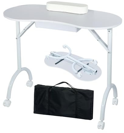 LOVEVLOGY Protable Nail Desk with Drawer,Foldable Manicure Table with Carry Bag for Professional Beauty Nail Salon,Mobile Folding Nail Technician Workstation,White