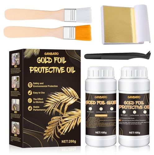 ALLONY Gold Leaf Paint, Gold Leaf Adhesive, Gold Leaf Sheets, Water Gold Leaf Adhesive and Protective Varnish, Gold Foil 100PCS, 2 Brushes for Metal, Craft, Painting, Arts