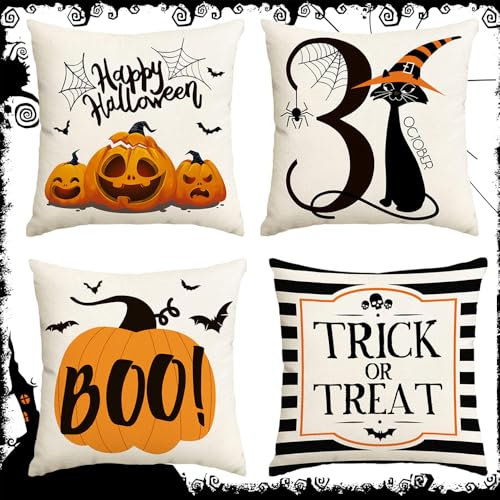 Jiahuade 4 Stück Halloween Kissenbezug 45x45cm,Happy Halloween Kissen Boo,Schwarze Katze Deko,Dekorative Kissenhüllen,Leinen Dekokissen,für Wohnzimmer Schlafzimmer Sofa