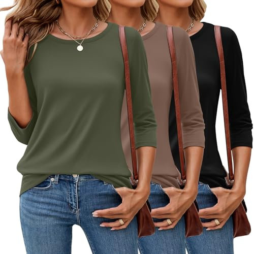 Ficerd 3 Pack 3/4 Sleeve Tops for Women Round Neck Dressy Basics Tees Casual Trendy Loose Fit T Shirts(Army Green, Coffee, Black,Large)