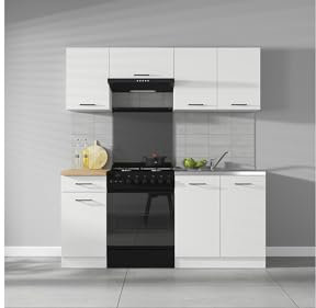 BLACK RED WHITE Küchenzeile Junona Line 180 cm mit Arbeitsplatte weiß/schwarz aus MDF Möbelplatte, 3,2/1,6 cm Tischplattenstärke, inkl. Ausstattung