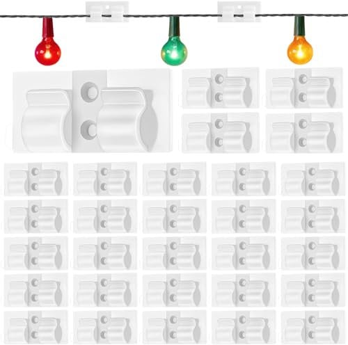 saerryor 30Pcs Outdoor Lights Hooks with Sticky Pad, Self Adhesive Cable Clips Sticky Wire Clips Cable Management Holder for Outdoors Fairy Light Desk Wall Home Office, White