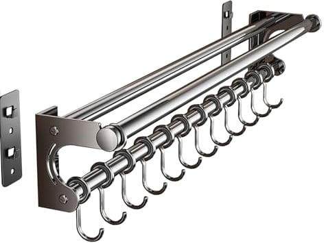 VaNaene , platzsparende Küchenutensilien Rack mit Haken, Küche Aufbewahrungsregal für Utensilien Spatel Löffel, hängende Topf Rack, einfach zu reinigen (Grey, 50CM+10Hook)