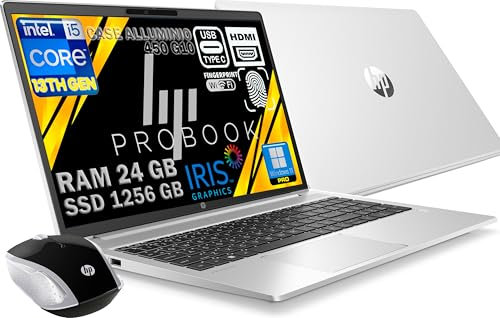 HP Probook 450 G10 Notebook PORTATILE Silver,RAM 24GB, SSD 1256 GB (256GB+1TB), Display FullHD 15.6, Intel i5-1334U 10 Core da 4,6 GHz, Fingerprint, Win11 Pro, Open OFFICE, MOUSE Omaggio PRONTO