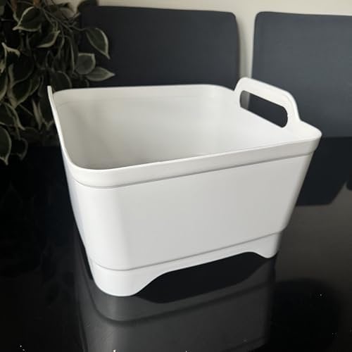 Kitchen Washing Up Bowl with Handles and Drain Plug, White, Plastic, white and dark green,