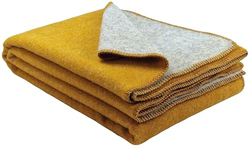 STTS International Wohndecke Wolldecke 100% Schurwolle 150 x 200 cm Tagesdecke Schurwolldecke Plaid Selva Hellgrau-Senf (DF)