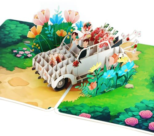 Vicloon Pop-Up Karte Hochzeit Hochzeitsauto, 3D Pop Up Hochzeitskarte Elegant, Hochzeitskartes mit 3D Oldtimer, Hochzeitskarte, Romantische Hochzeitsgeschenk für Brautpaar - Grün