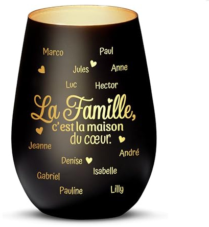 Love Faith Photophore personnalisé - La Maison du cœur - Noir/Doré | Photophore en verre mat à personnaliser avec les prénoms de la famille - Beau cadeau pour la famille