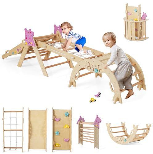 GYMAX Set Triangolare 8 in 1, Giocattoli da Arrampicata Pieghevoli per Bambini Piccoli, Set di Arrampicata Montessori in Legno con Arco, Rampa, Corda da Arrampicate e Scala (Naturale, Unicorno/8 in1)