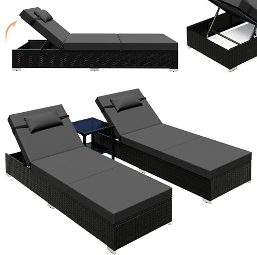 UDPATIO Sonnenliege 2 Personen Set, 3er Gartenmöbel Lounge Set Outdoor inkl. 2 Polyrattan Gartenliegen Wetterfest & 1 Tisch, Sonnenliegen Set für Garten, Terrasse (Schwarz-meliert & Grau Bezüge)