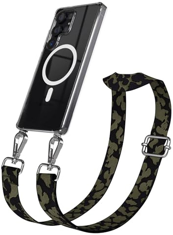 EAZY CASE Handykette - Verstellbares Taschenband kompatibel mit Galaxy S25 Ultra, Schulterriemen, Handykordel mit Silikon Hülle, Qi Charging kompatibel, Umhängetasche, Dunkelgrün Camouflage Silber