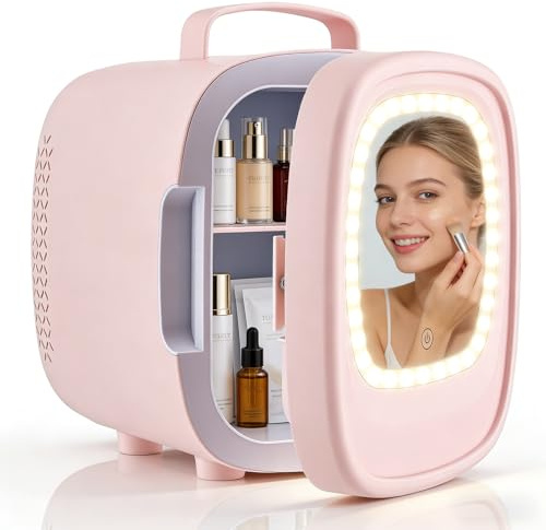ExKeen Mini Frigo pour Chambre 6L, Mini Frigo Cosmetique Avec Miroir LED, Thermoelectrique Chauffe & Refroidisseu, Mini Réfrigérateur Portable pour Voiture, Bureau, Dortoir (Rose)