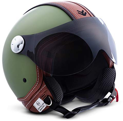 ARMOR HELMETS® AV-84 „Vintage Deluxe Green“ · Jet-Helm · Motorrad-Helm Roller-Helm Scooter-Helm Moped Mofa-Helm Chopper Retro Vespa Vintage · ECE 22.05 Visier Schnellverschluss Tasche L (59-60cm)