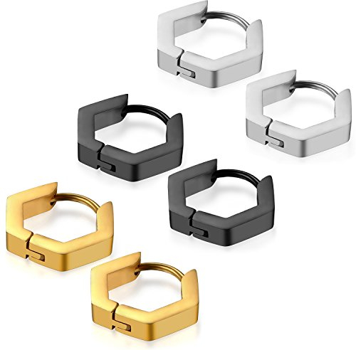 Flongo 6 Stück Edelstahl Creolen Gestüt Stecker Huggie Ohrringe Ohrstecker Ohrhänger Silber Schwarz Gold Sechseck Hexagon Charm Charme Herren, Damen Schmuckset