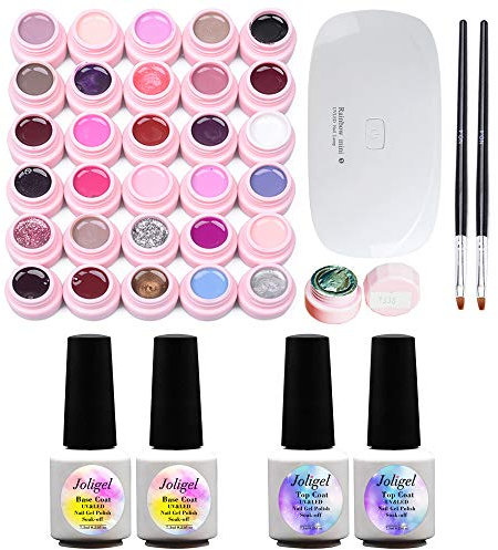 Kit de départ vernis à ongles en gel, 2 base + 2 finition + 30 couleurs UV Gel de gomme laque pour ongles manucure semi-permanente pour la pose des ongles, avec 2 brosses + mini lampe UV/LED