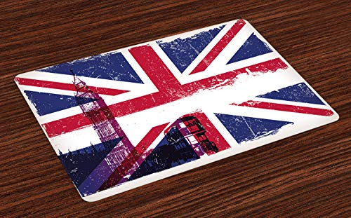 ABAKUHAUS Union Jack Platzmatten, Grungy gealterter BRITISCHER Flagge Big Ben Double Decker-Land-Kultur-historischer Markstein, Tiscjdeco aus Farbfesten Stoff für das Esszimmer und Küch, Blau und Rot
