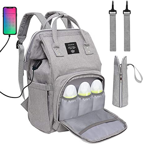 Baby Diaper Bag Backpack, Multi-Function Waterproof Maternity Nappy Bags with USB Port for Mom & Dad, Large Capacity (Grey)