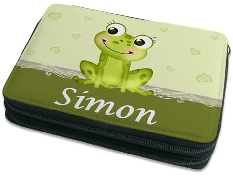 CreaDesign Kinder Federmäppchen mit (Wunsch) Namen, einzigartige Federtasche durch Personalisierung, Schulmäppchen - Motiv Frosch