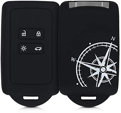 kwmobile Accessoire clé de Voiture Compatible avec Renault Smart Key 4-Bouton (Keyless Go Uniquement) - Coque en Silicone Souple avec Embout Porte-Clé - Boussole Blanc-Noir