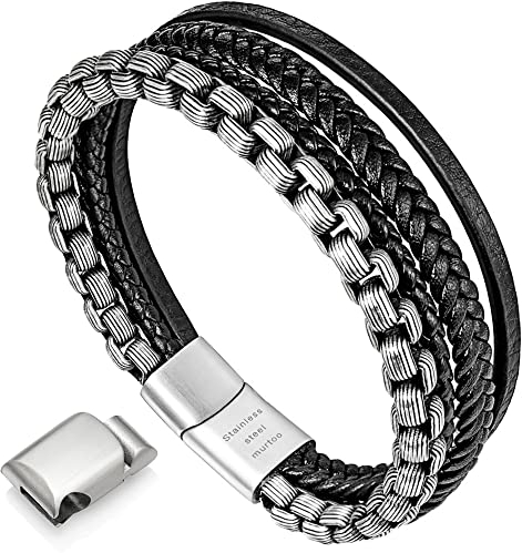Armband Herren lederarmband Herren lederarmband für männer Edelstahl Armband(schwarz,Silber,20cm)