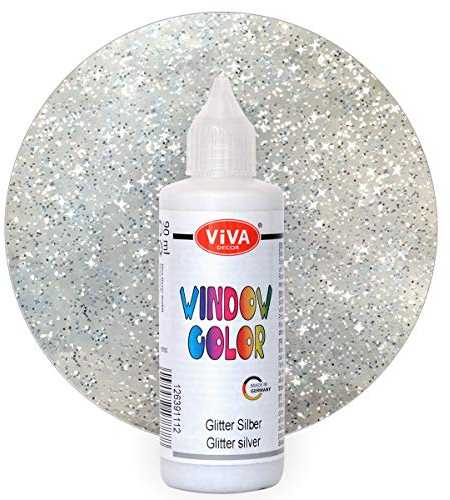 Viva Decor Window Color (Glitter-Silber, 90 ml) Fenstermalfarben für wieder abziehbare Bilder und Sticker für Deko, Spiegel, Fliesen, Vasen und Fenster - Made in Germany