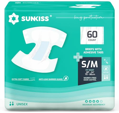 SUNKISS Adult Nappies with Maximum Absorbency, Medium, 60 Count (4×15) | Disposable Adult Diapers for Men and Women, Odor Control, Comfortable
