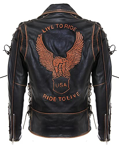Giacca da Motociclista da in Pelle Eagle in Rilievo Live TO Ride da Uomo Vintage Nero Brando L