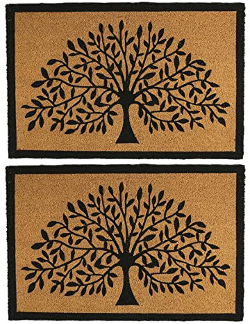 Nicola Spring Coir Door Mats - 90 x 60cm - Tree of Life - Pack of 2 - Decorative Indoor Front Door Floor Mat Entry Dirt Trapper Rug Outdoor Boot Scraper Non Slip Backing Doormat