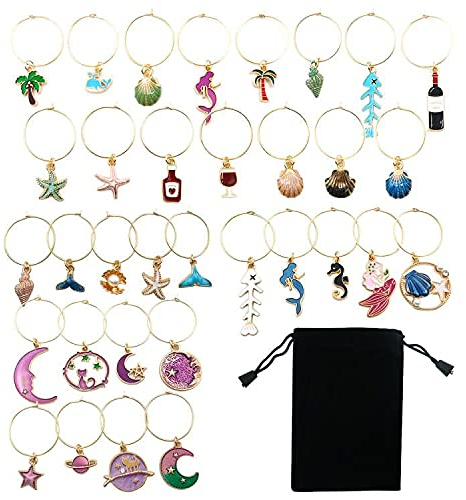 Allazone Marcador de Copas de Vino 33 Pz Vino Marcadores de Vidrio de Fiesta Abalorios y Bolsa de Almacenamiento para Decoraciones de Fiesta de Favores de Cocina de Bar