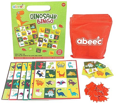 abeec Dinosaur Bingo Game – Family Board Game for Kids Age 5+ – Includes Bingo Cards, Call Out Cards, Counters & Storage Bag – Fun Dinosaur Party Game & Travel Bingo