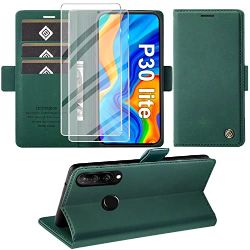 Handyhülle für Huawei P30 Lite Hülle mit Panzerglas, Schutzhülle P30 Lite Premium Leder Wallet Case Standfunktion Kartenfach Flip Cover for Huawei P30 Lite Stoßfeste Klapphülle 6,15 Zoll…