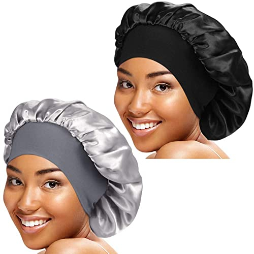2 Stück Satin Bonnet,Elegante Schlafmütze Nachtmütze für Damen und Mädchen,atmungsaktive Schlaf Mütze,Kopfbedeckung mit breitem Gummiband,Weiche Schlaf Kopf Abdeckung (Schwarz, Grau)